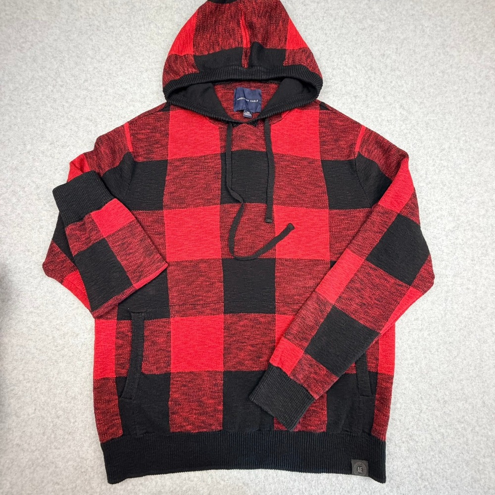 American Eagle Buffalo Plaid Knit Hoodie Red Black Mens Large Cotton Sweater